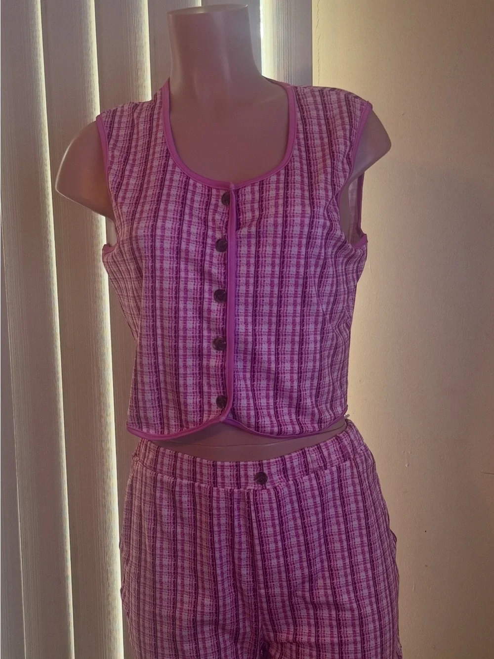Pink Plaid Two-Piece Crop Top & High-Waist Shorts Set
